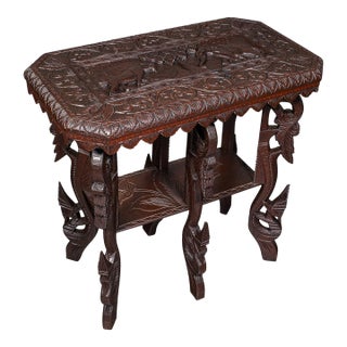 Antique Carved Side Table, Indian, Teak, Lamp, Side, Tray, Occasional, Victorian For Sale