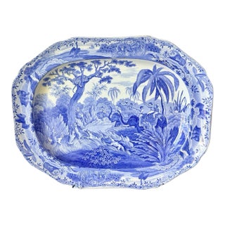 1815 Large Blue and White Spode Transferware Platter "Shooting a Leopard" For Sale