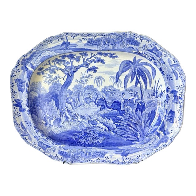 1815 Large Blue and White Spode Transferware Platter "Shooting a Leopard" For Sale
