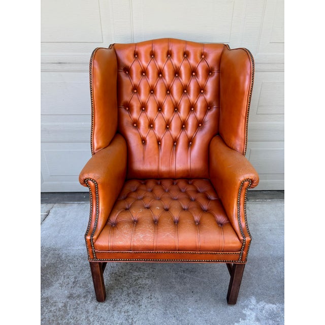 Vintage Chesterfield Georgian Leather Wing Back Button Tufted Chair Ottoman Brass Nailhead For Sale In San Francisco - Image 6 of 16