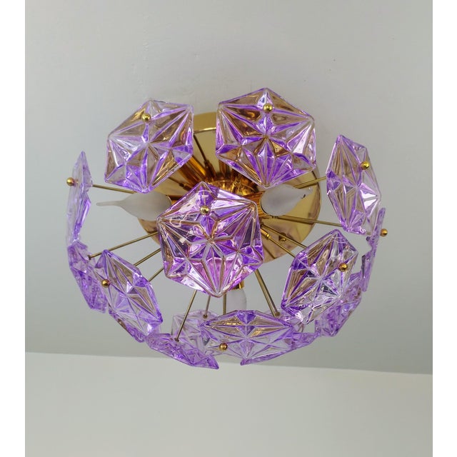 1990s Vintage Prismatic Sputnik Chandelier Mid-Century Modern Sputnik Flush Mount Purple Diamond-Cut Glass Lighting For Sale - Image 5 of 12