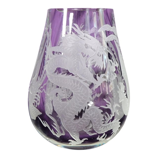 1960s Very Thick Crystal Teardrop Vase With Etched and Frosted Dragons For Sale