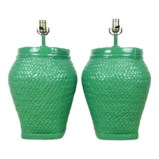 Vintage Newly Lacquered Green Woven Basket Weave Style Lamps- A Pair For Sale