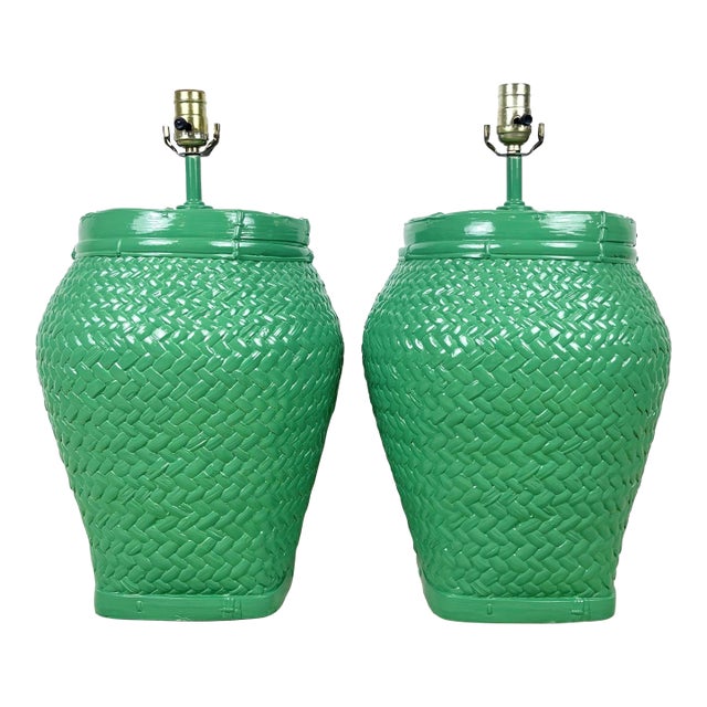 Vintage Newly Lacquered Green Woven Basket Weave Style Lamps- A Pair For Sale
