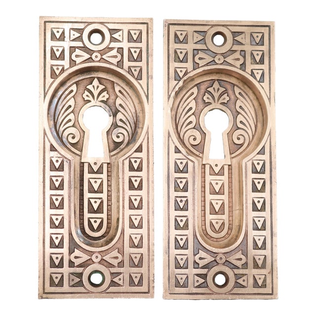 Antique Bronze Aesthetic Recessed Pair of Pocket Door Plates For Sale