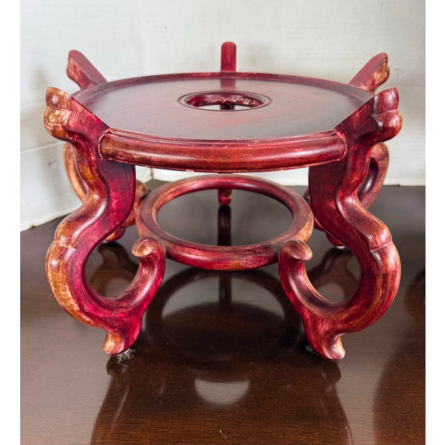 Oxblood Red Pair of Large Chinese Red Oxblood Porcelain Urns Jardinieres on Carved Stands For Sale - Image 8 of 8