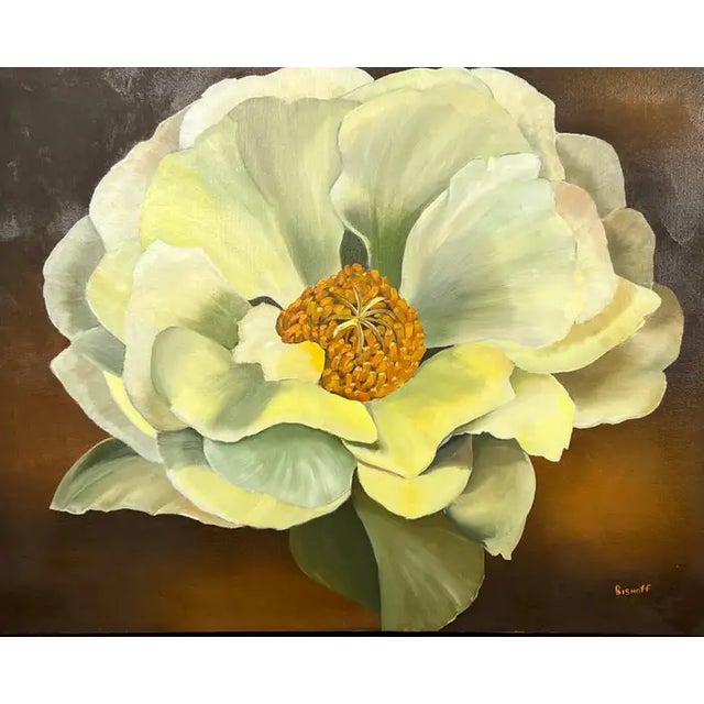 Modern Floral Still Life With White Bloom Oil on Canvas Signed by Artist 1990's For Sale - Image 9 of 13