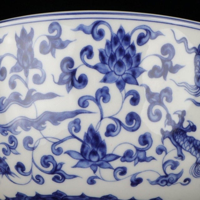 1990s Vintage Blue & White Dragon Stem Bowl For Sale - Image 5 of 9