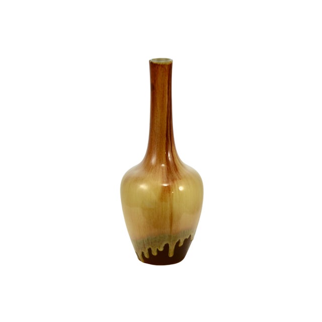 Large 12 inch gourd shape vintage ceramic vase in warm colors including burnt sienna, marigold, butterscotch and brown...