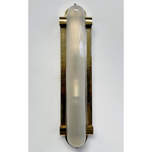 Italian Art Deco style wall light or flush mount shown in frosted Murano glass mounted on unlacquered natural brass finish...