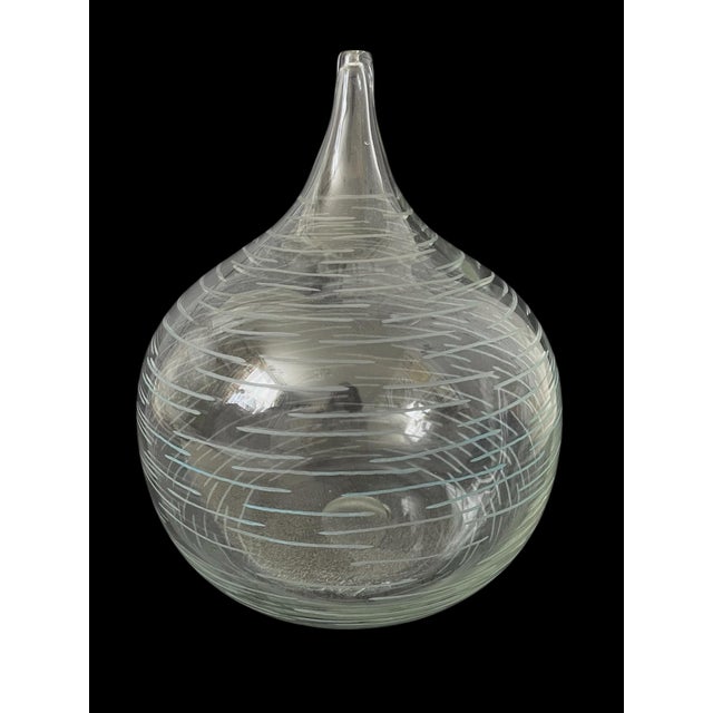 1970s Vintage MCM Belgium Handblown Glass Vase Etched Lines 8.5x10.5” For Sale - Image 5 of 8