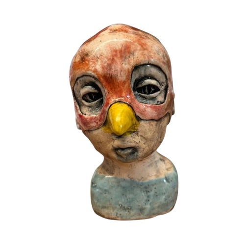 1970s Signed Studio Art Pottery Surrealist Bird Mask Figural Ceramic Bust For Sale