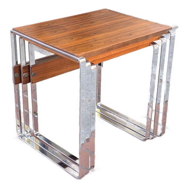 Vintage Rosewood and Chrome Nesting Tables, Set of 3, C. 1960s-70s For Sale
