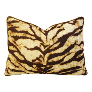 Custom Schumacher Tiger Linen & Velvet Pillow For Sale