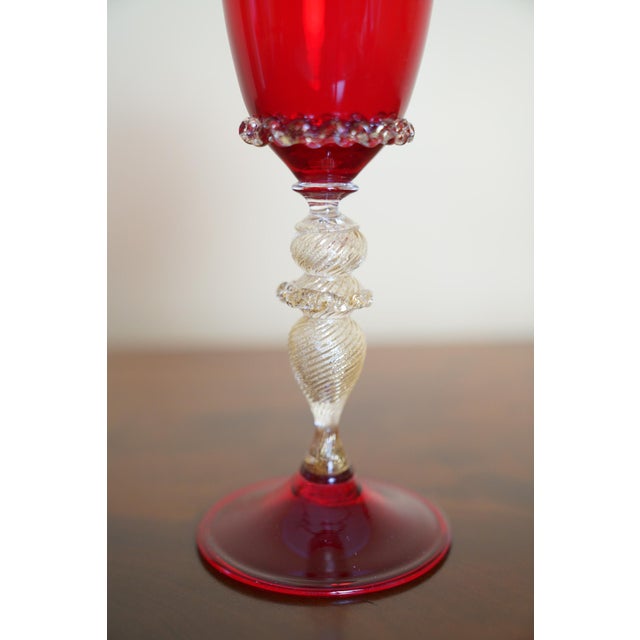 Mid 20th Century Italian Ruby Red Murano Art Glass Chalice With Gold Aventurine Stem 1970s For Sale - Image 5 of 9