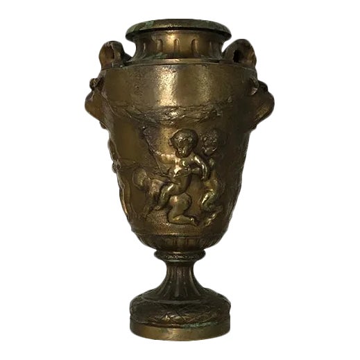 French Bronze Bacchanal Urn With Rams Heads and Putti For Sale