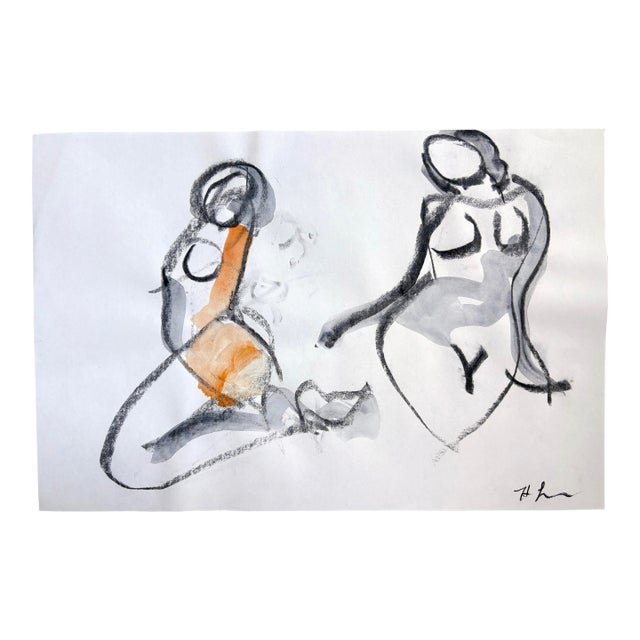 Gesture Pose Orange Iii, Watercolor, Charcoal on Paper. 18 X 12 Inches For Sale