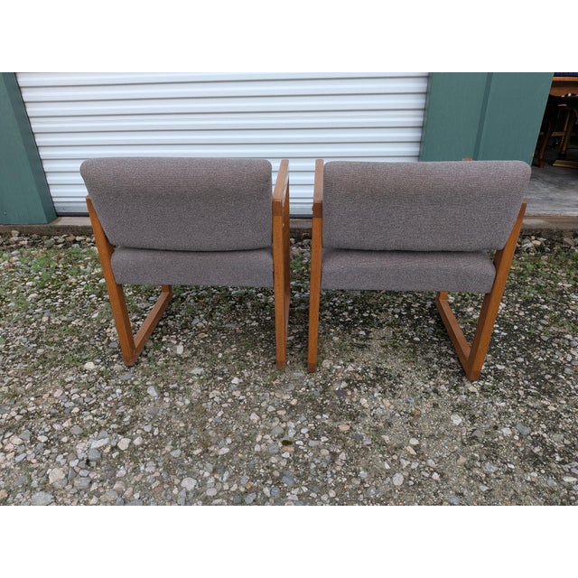 Mid-century arm chairs made by High Point furniture company. Solid wood frame with gray upholstered cushions. Good...