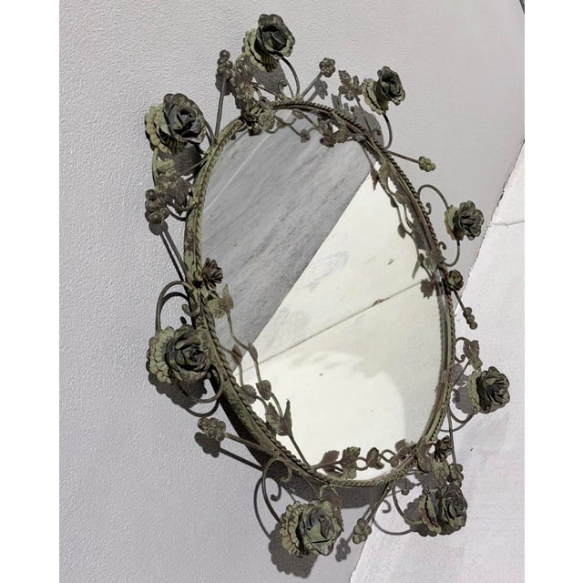 Verdigris Vintage Italian Tole Mirror With Verdigris Finish Roses on Vine For Sale - Image 8 of 9