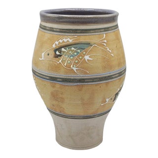 Studio Art Pottery Sgraffito Fish Vase Signed 11" Stoneware Slip Trail Celadon For Sale