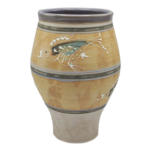 Studio Art Pottery Sgraffito Fish Vase Signed 11" Stoneware Slip Trail Celadon
