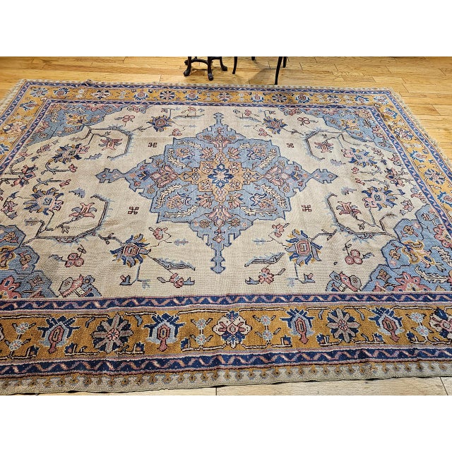 Vintage Turkish Oushak Rug, Handwoven Geometric Pattern, Ivory & Blue, 8' x 11' For Sale - Image 9 of 18