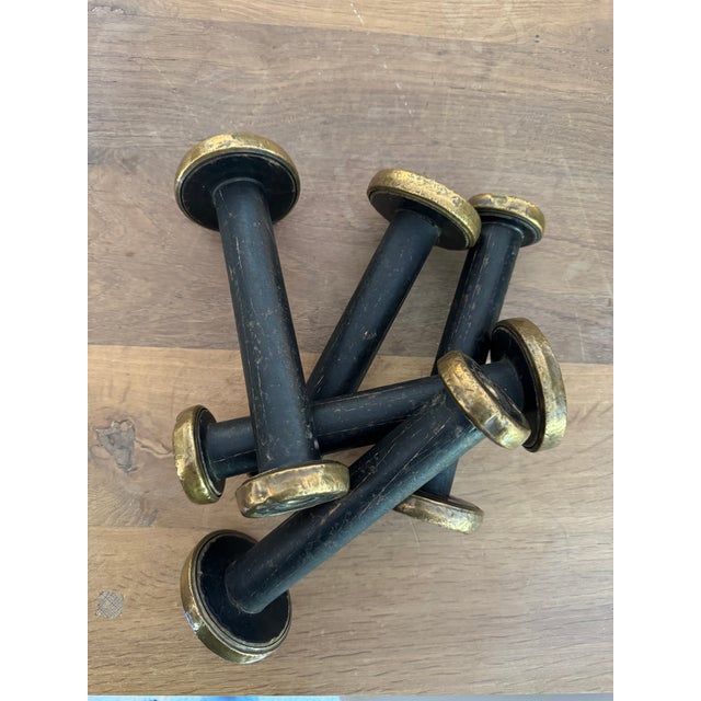 Black Set of Five Vintage, Brass Bound and Black Wood Bobbins For Sale - Image 8 of 11