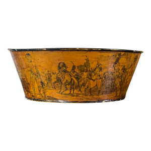 Early 20th Century French Tole Cachepot Planter Decorated With Scenes of Napoleon and Duke of Wellington at Waterloo