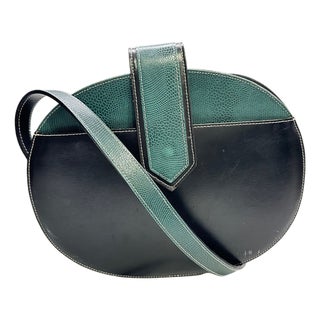 Vintage Pourchet Paris Black Leather & Green Lizard-Embossed Shoulder Bag, Made in France For Sale