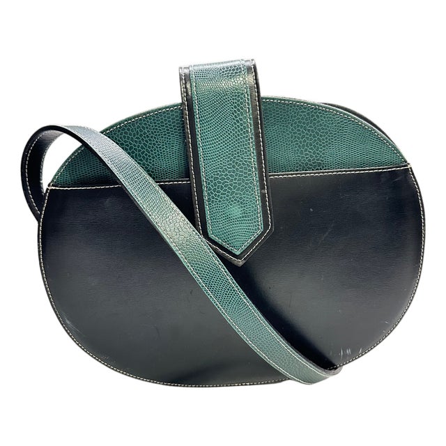 Vintage Pourchet Paris Black Leather & Green Lizard-Embossed Shoulder Bag, Made in France For Sale