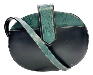 Vintage Pourchet Paris Black Leather & Green Lizard-Embossed Shoulder Bag, Made in France