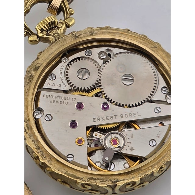 Rare Vintage Ornate "Ernest Borel" 17 Jewel Gold Plated Pendant Watch Works For Sale - Image 10 of 16
