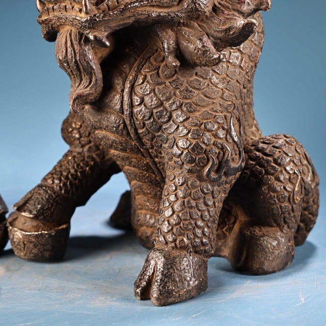 Bronze Late 19th Century Pair of Painted Bronze Qilin Figurines, 10000g Total, Mythical Beasts For Sale - Image 8 of 9