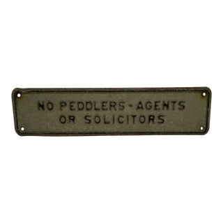 Vintage 1960s "No Peddlers - Agents or Solicitors" Metal Sign For Sale