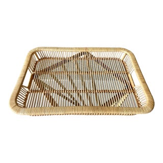 Mid 20th-Century Albini-Inspired Rattan & Split Bamboo Tray With Cut-Out Handles For Sale