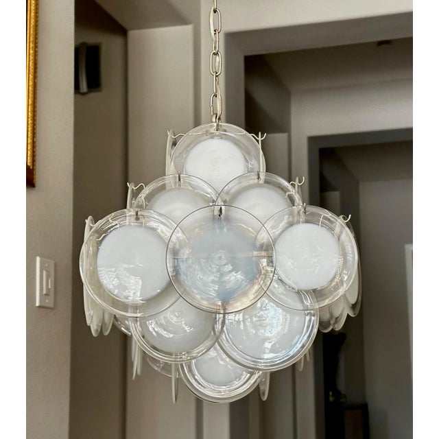 1960s Vistosi Murano Clear & White Disc Chandelier For Sale - Image 5 of 12