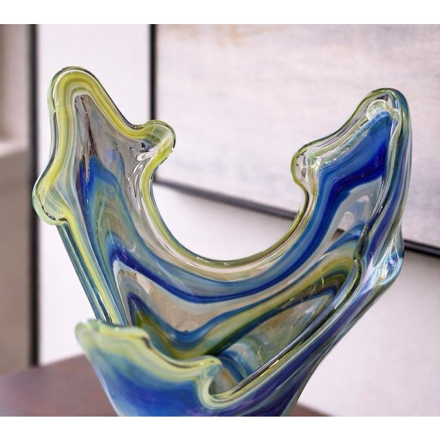 Contemporary Contemporary Hand-Blown Studio Art Glass Sculpture in Blue & Green With Freeform Crown For Sale - Image 3 of 6