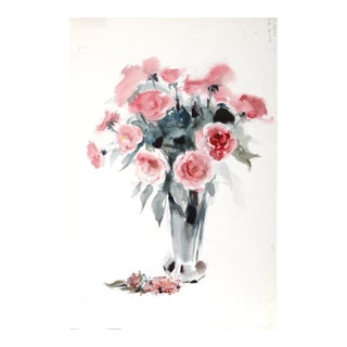 1960s "Pink Flowers P5.64" Watercolor Painting by Eve Nethercott For Sale