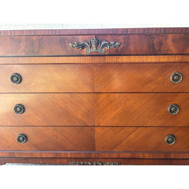 Art Deco Antique French Empire Style Mahogany Chest of Drawers With Ornate Brass Hardware For Sale - Image 3 of 12