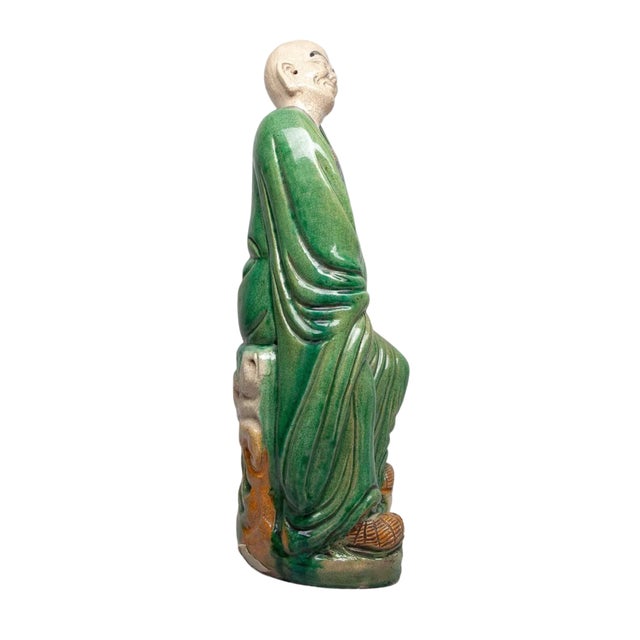 Chinese Large Antique Chinese Shiwan Crackle Glazed Luohan (Arhat) Pottery Figure, Early 20th Century, 19.6" For Sale - Image 3 of 10