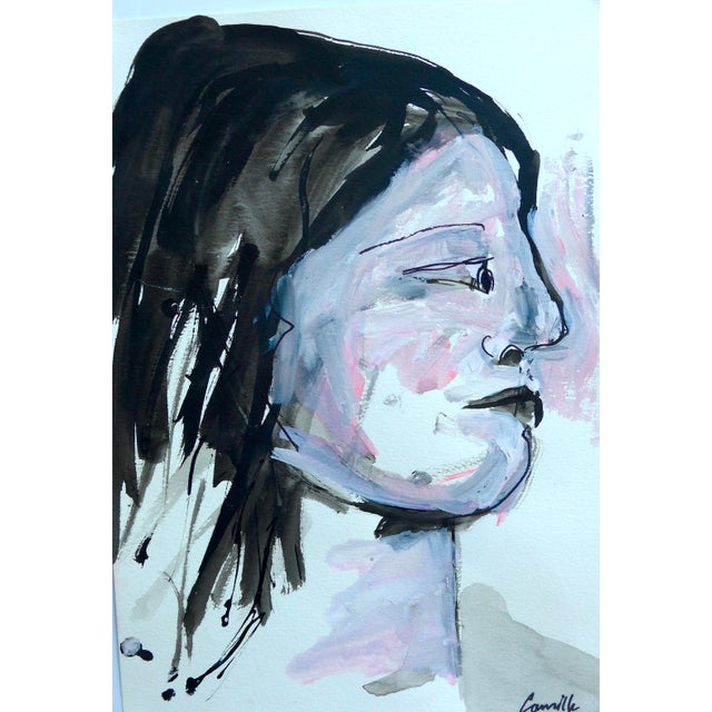 Camille "Portrait" Ink and Gouache on Paper For Sale