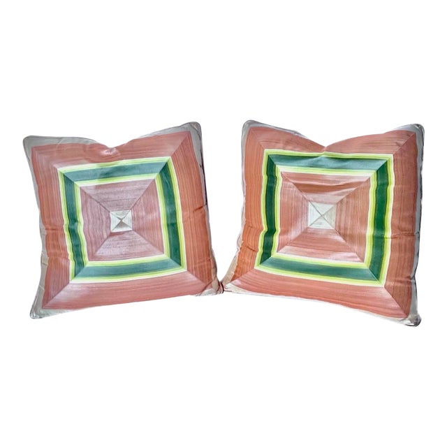 Vintage Peach/Green Silk Geometric Pillows, Pr For Sale
