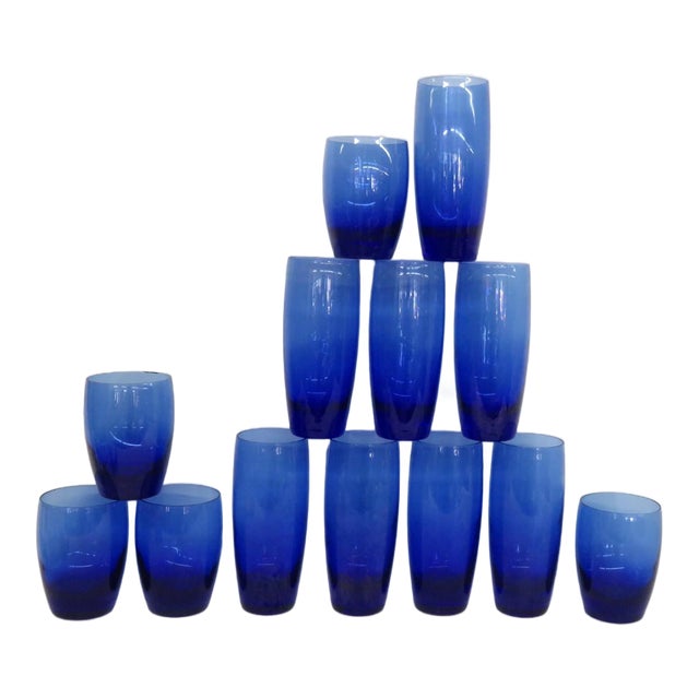 Mid 20th Century Cobalt Blue Glass Tumblers Bar Cups Mid Century Modern Drinkware - Set of 13 For Sale