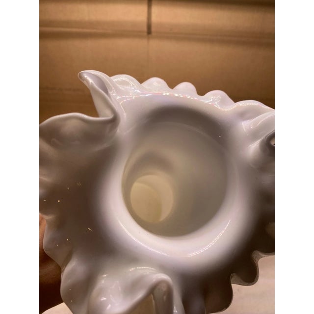 1990s Vintage MCM Fenton White Milk Glass Hobnail Ruffled Crimped Edge Vase 11" For Sale - Image 5 of 7