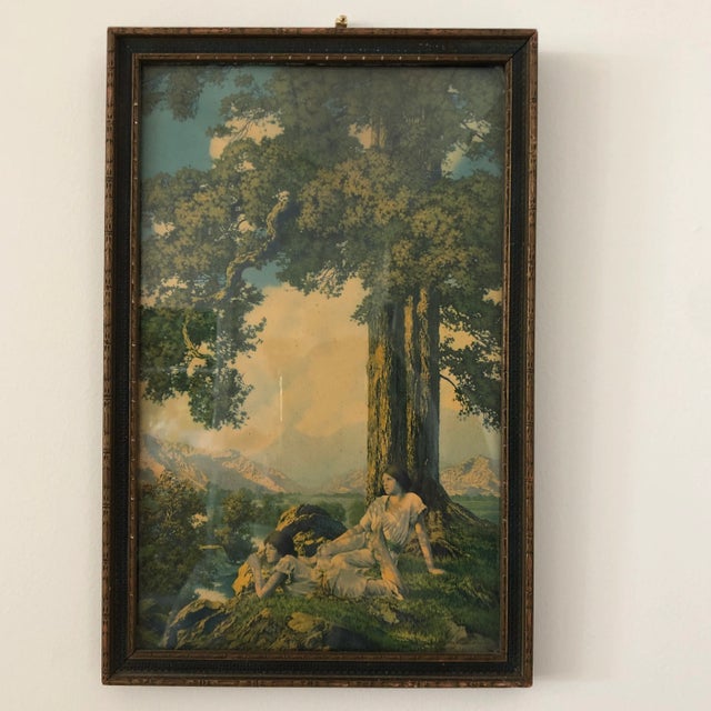 Wood 1930s “Hilltop” Art Deco Style Figurative Landscape Lithograph After Maxfield Parrish, Framed For Sale - Image 7 of 7