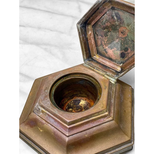 Early 20th Century Antique Traditional Brass Hexagonal Fountain Pen Desk Inkwell For Sale - Image 5 of 8