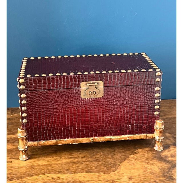 Vintage Faux Crocodile Trunk Box, Brass Studded With Bamboo-Style Feet, 1970s For Sale - Image 17 of 17