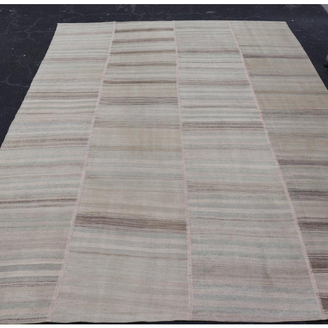 Vintage Turkish Kilim Rug in Soft Beige, Gray, and Faded Blue Striped 8'6 X 13'0 For Sale - Image 10 of 14