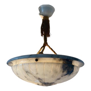 Former Home of Waldo Fernandez- Alabaster Pendant Light With Black Veining and Original Rope, 1930s For Sale
