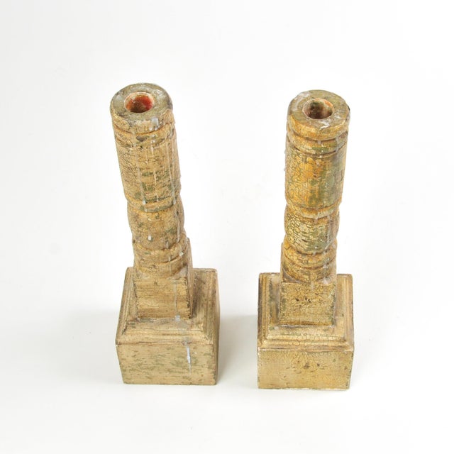 Pair of Antique Wood Candlestick Holders Rustic Chic For Sale - Image 9 of 12